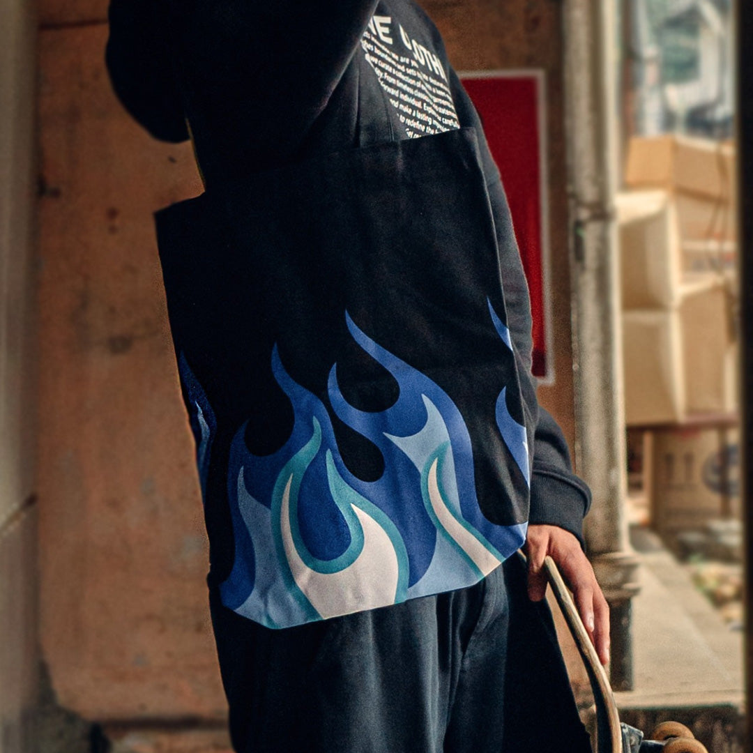 black blue flame tote bag