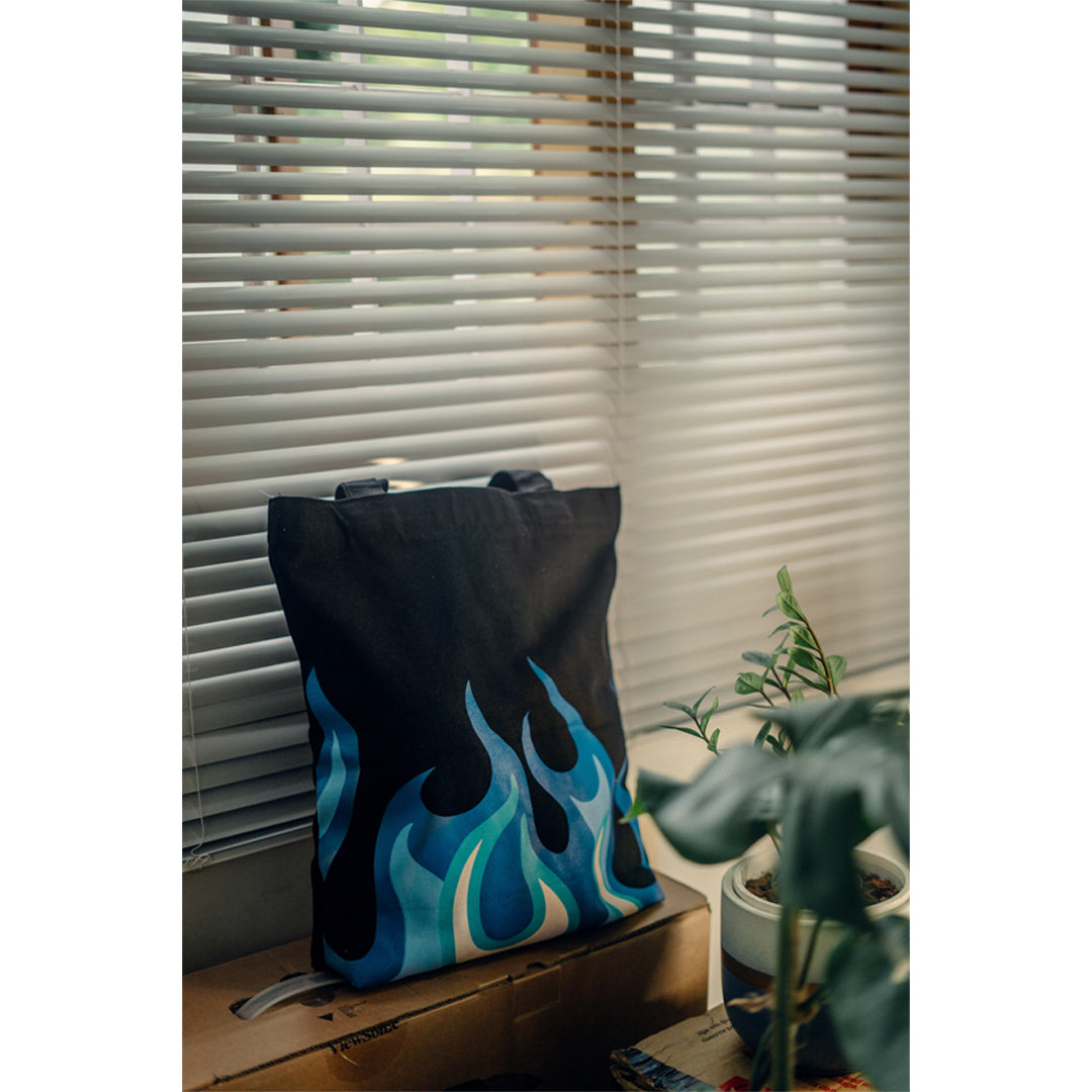 black blue flame tote bag